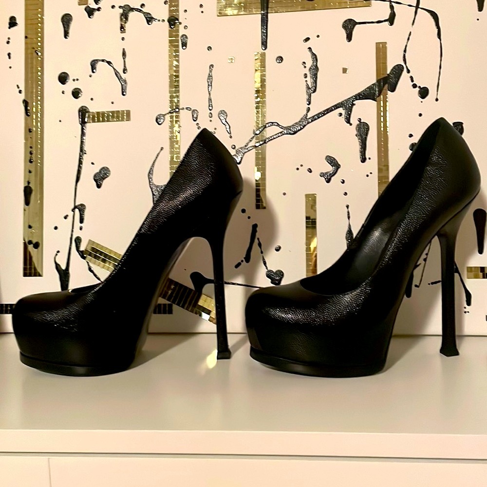 ❤️ Saint Laurent 🔥 Black Pebble Leather Platform Pumps 36 1/2 😍 & Dust bag ✅ - Picture 2 of 6